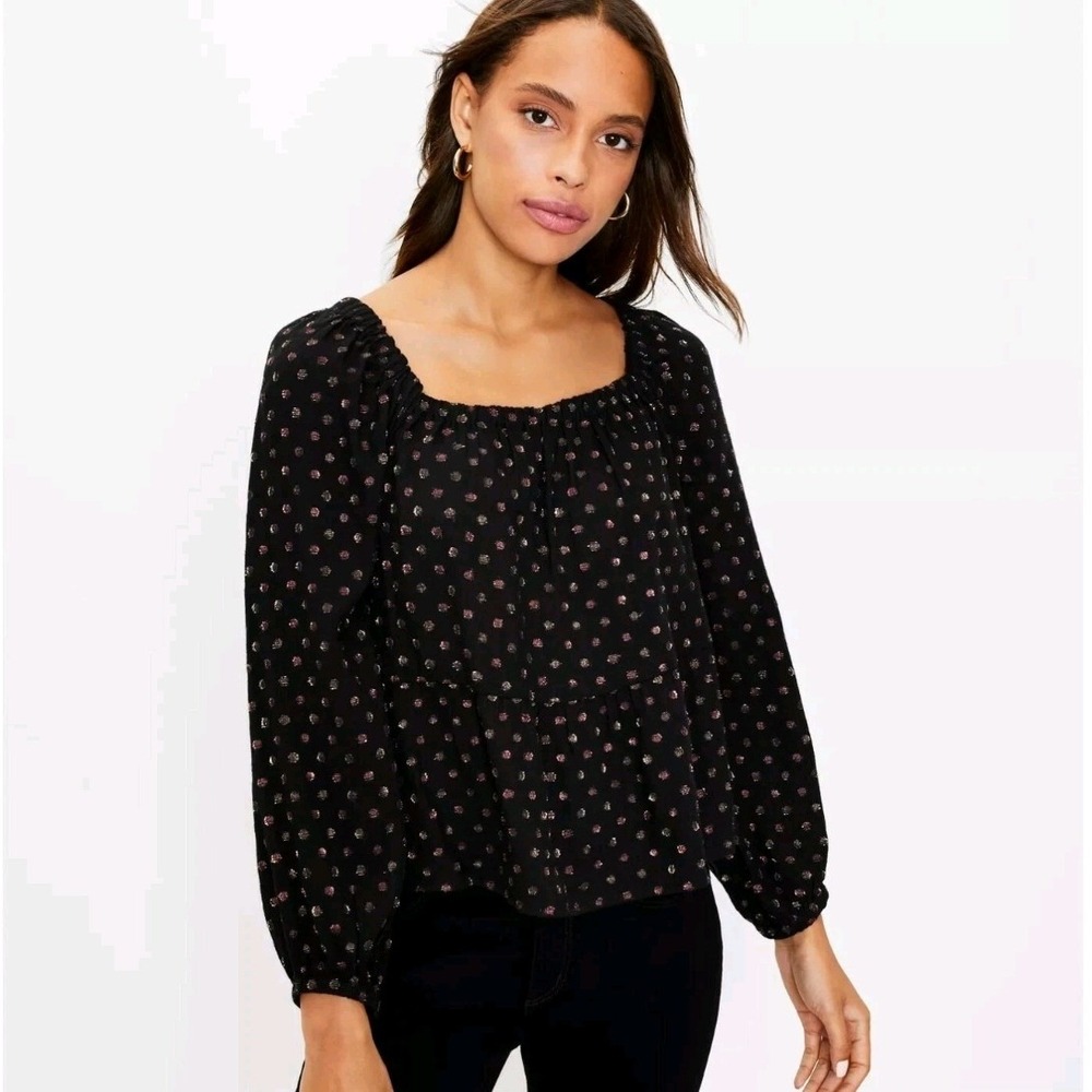 LOFT Peplum Blouse Womens‎ Medium Black Metallic Shimmer Dot Peasant Square Neck